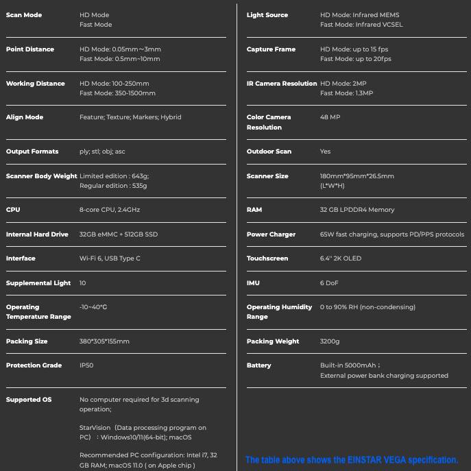 EINSTAR VEGA Handheld Wireless 3D Scanner